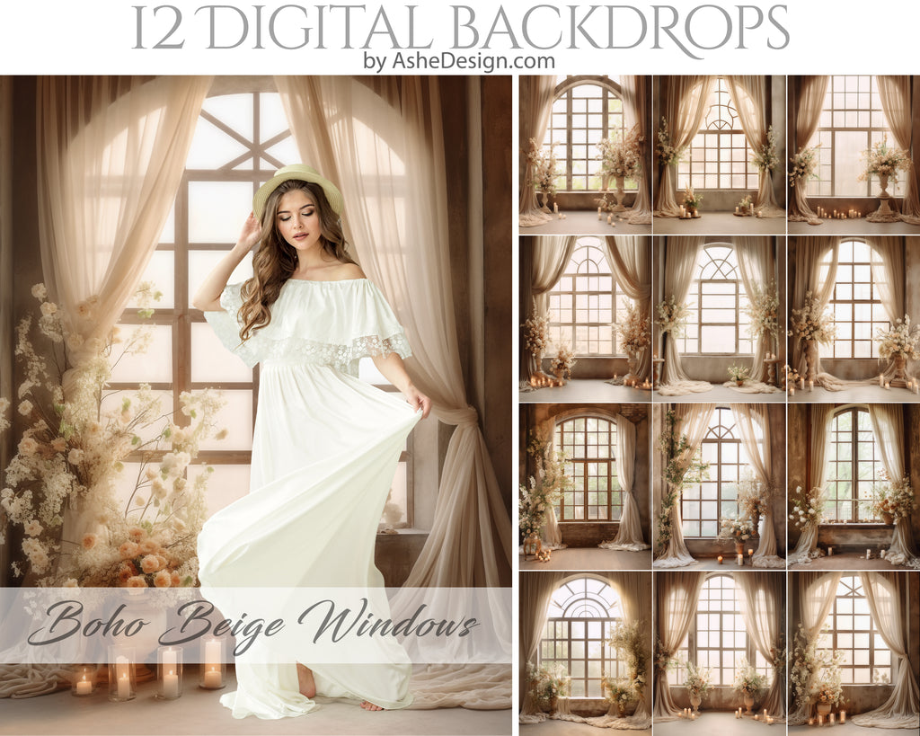 Fine Art Digital Photography Backdrops - Boho Beige Windows
