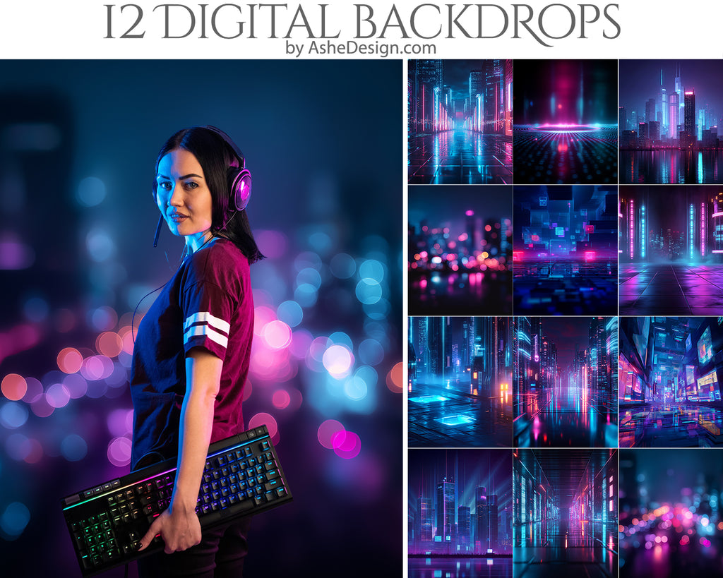 Digital Photography Backdrops - Futuristic Neon City