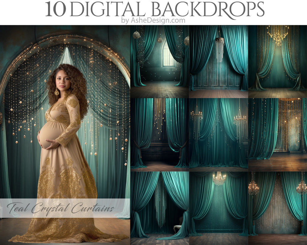 Teal Crystal Curtains Digital Photography Backdrops