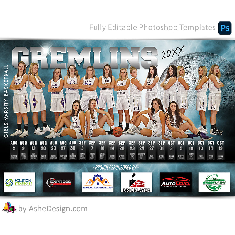 Sports Team Schedule Sponsor Poster Landscape -Template For Photoshop - Electric Explosion Basketball