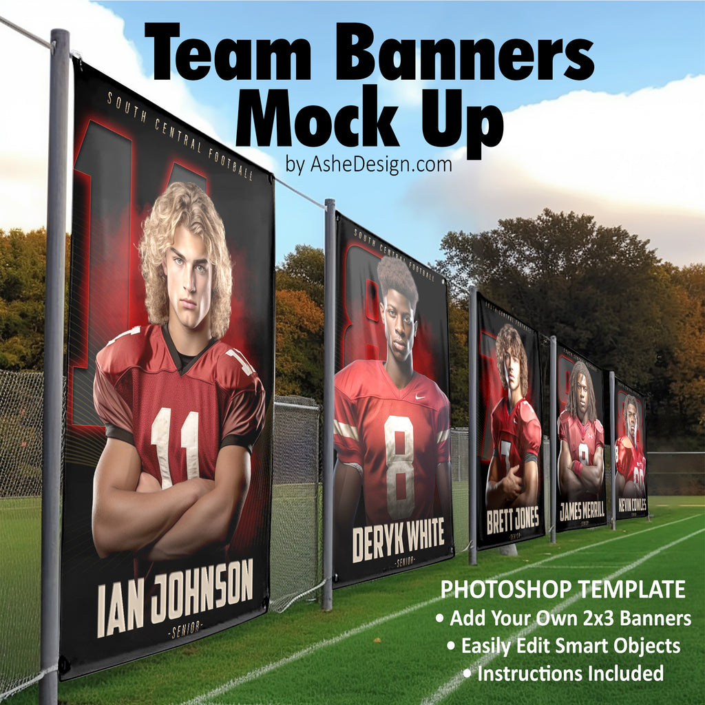 Sports banner mockup, Photoshop PSD mockup, Team banner mockup, professional mock up, Realistic mockup, Photoshop mock up, smart objects, banner presentation, football banner mockup