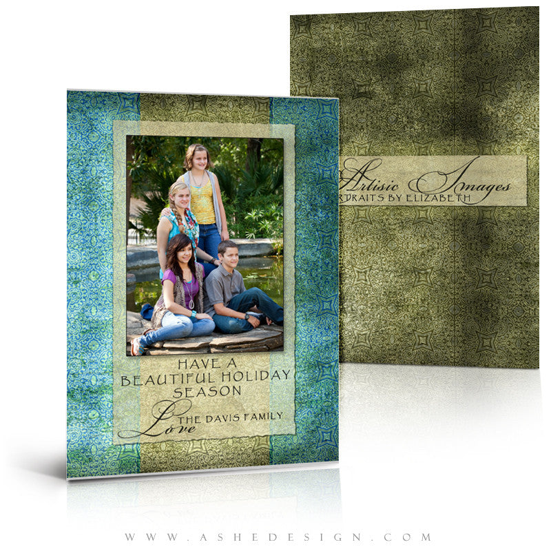 5x7 Flat Christmas Card - Blue Latte Damask