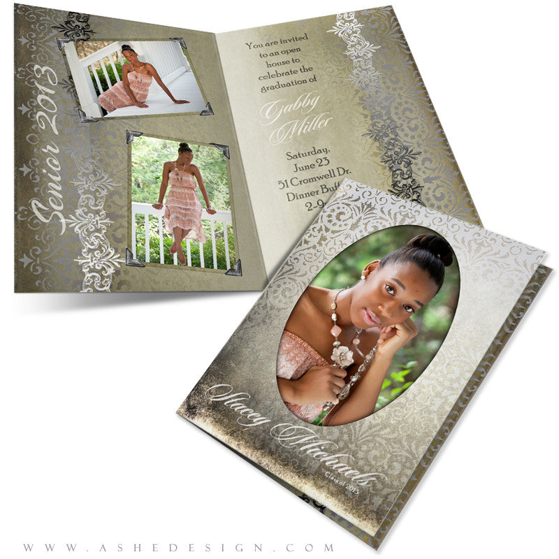 5x7 Folded Senior Girl Graduation Card  - Antique Damask