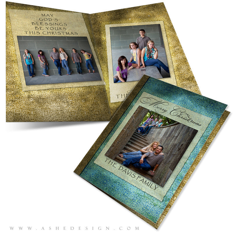 5x7 Folded Christmas Card - Blue Latte Damask