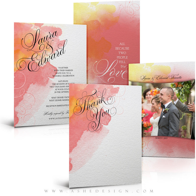 Watercolor Wedding Invitation & Thank You Template Set