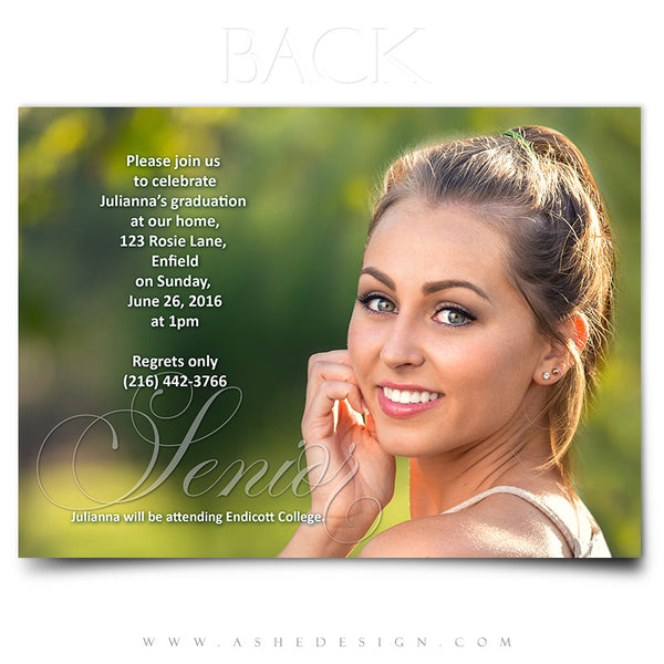 Ashe Design | Graduation Invitation | Senior Word Art Overlays | Thin Script 5x7 Back