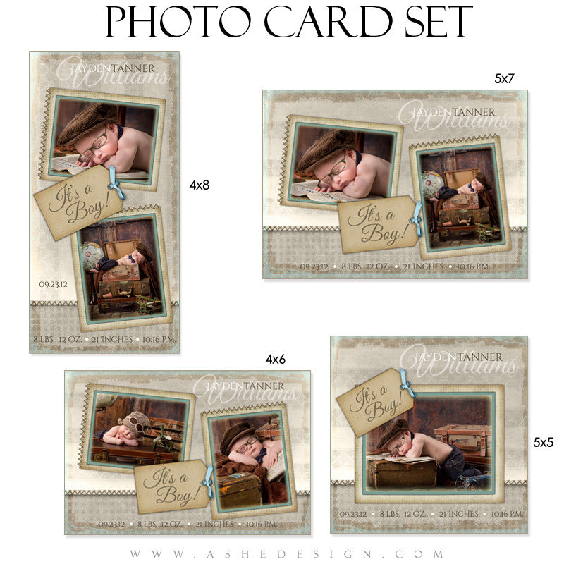 Birth Announcement Photo Card Set - A Stitch In Time (Boy)