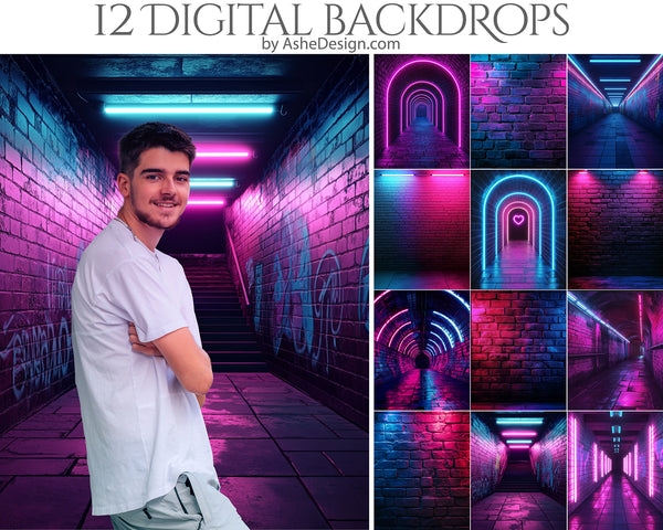 Digital Photography Backdrops - Neon Brick Grunge