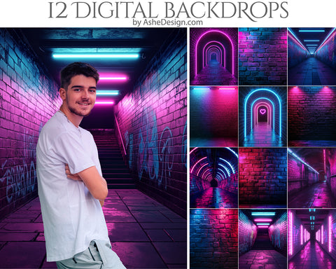 Digital Photography Backdrops - Neon Brick Grunge