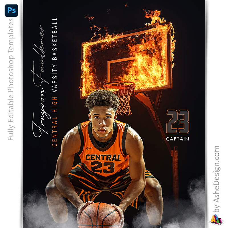 Amped Effects - Up In Flames Basketball Poster Template For Photoshop