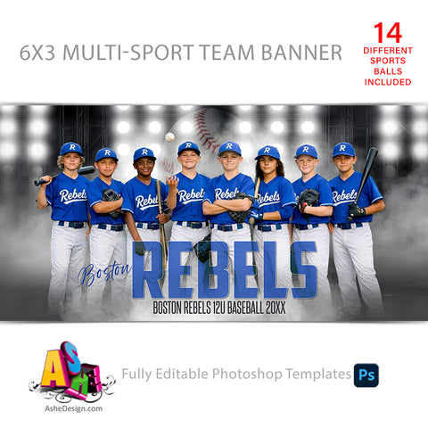 6x3 Team Sports Banner - Side Lights Multi-Sport Banner Template For Photoshop