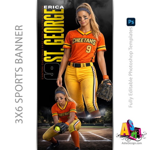 3x6 Sports Banner - Double Play Softball Banner Template For Photoshop