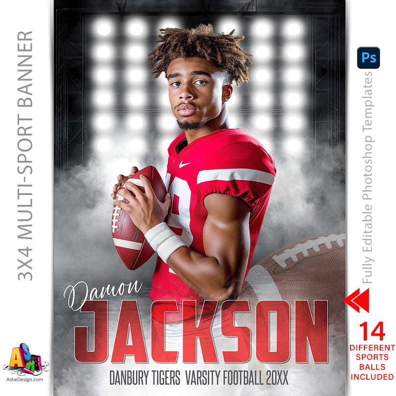 3x4 Sports Banner - Side Lights Multi-Sport Banner Template For Photoshop