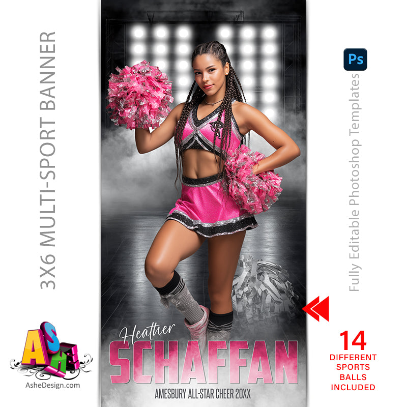 3x6 Sports Banner - Side Lights Multi-Sport Banner Template For Photoshop
