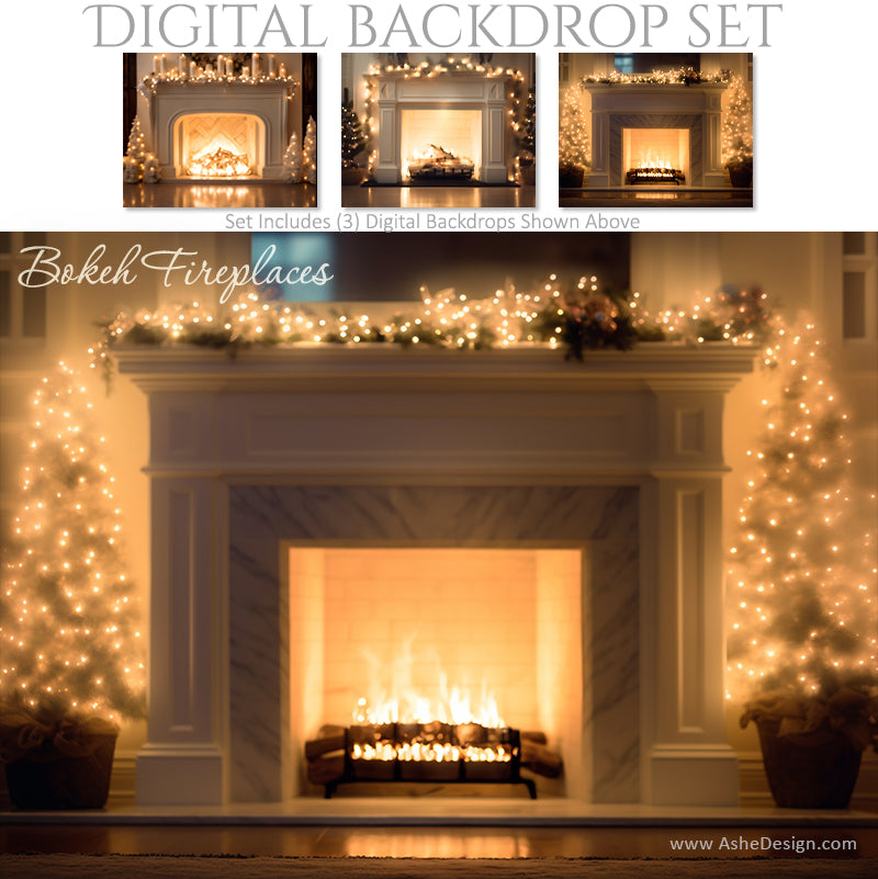 Ashe Design| Digital Backdrop Set - Bokeh White Christmas Fireplaces ...