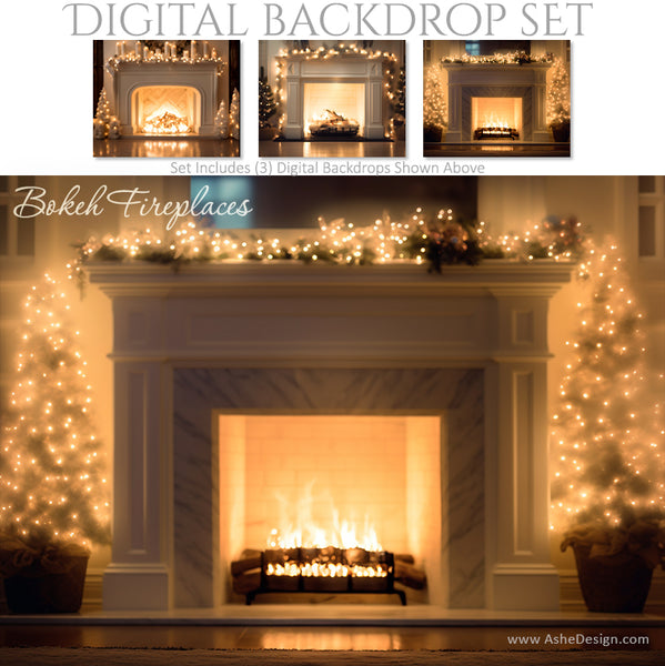 Digital Backdrop Set - Bokeh White Christmas Fireplaces