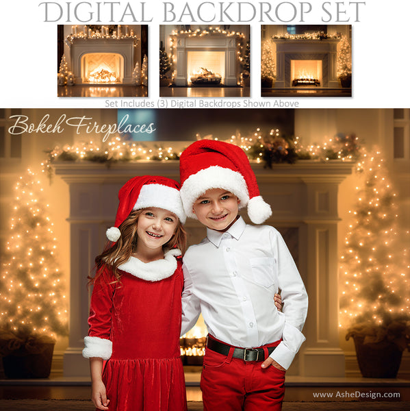 Digital Backdrop Set - Bokeh White Christmas Fireplaces