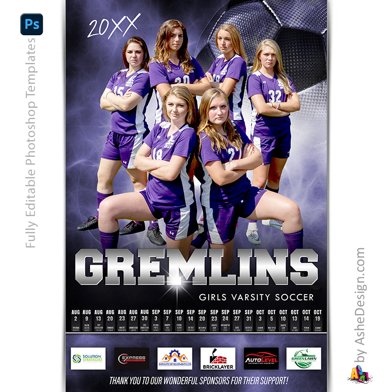 Sports Team Schedule Sponsor Poster Portrait -Template For Photoshop - Electric Explosion Soccer