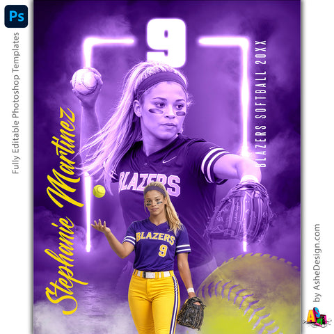 Amped Effects - Colored Side Lights Softball Poster Template For Photoshop