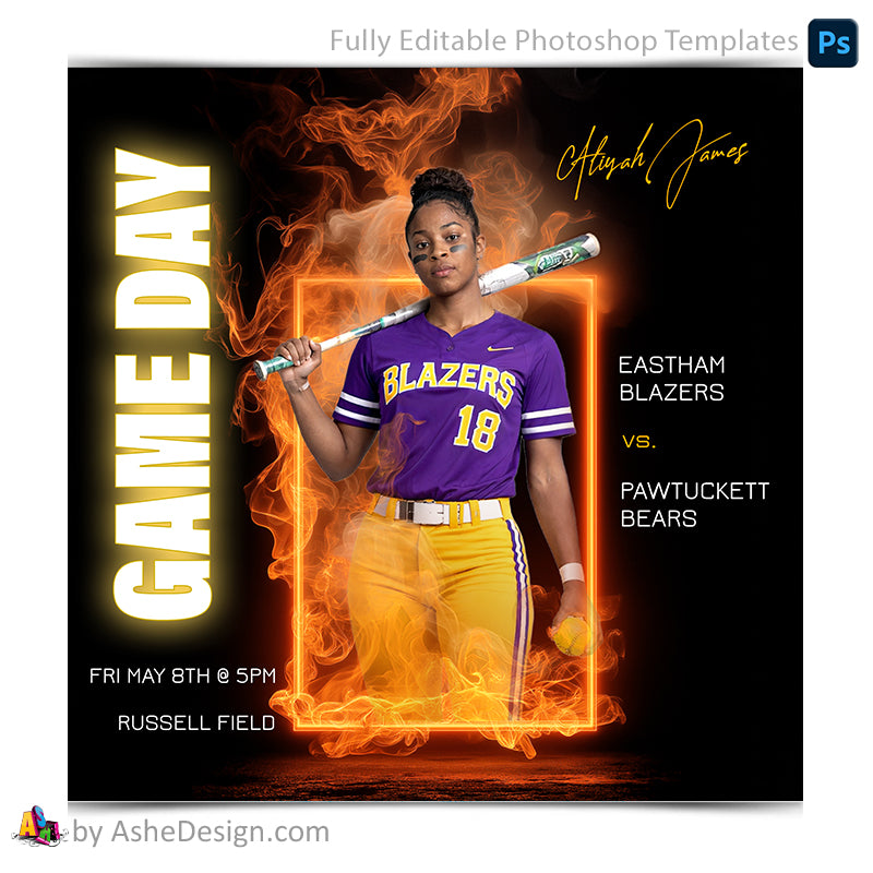 Game Day Social Media Template for Photoshop - Fire Framed