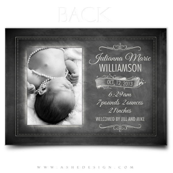 Chalkboard Baby Girl 5x7 Flat Birth Announcement Back web display