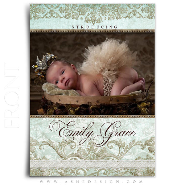 Tiffany Damask 5x7 Flat Birth Announcement Template front