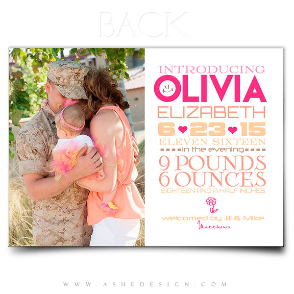 Birth Announcement 5x7 Flat | Simply Baby Olivia back