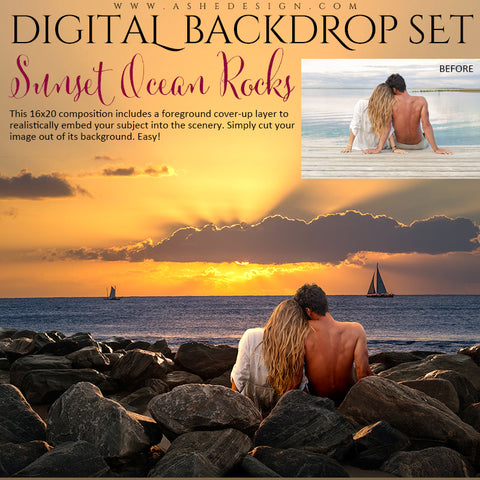 Ashe Design | Digital Backdrop Set | Sunset Ocean Rocks
