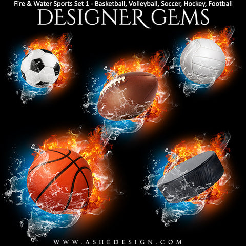 Ashe Design | Sports Photo Overlays | Fire Water | Sports Balls | Set 2