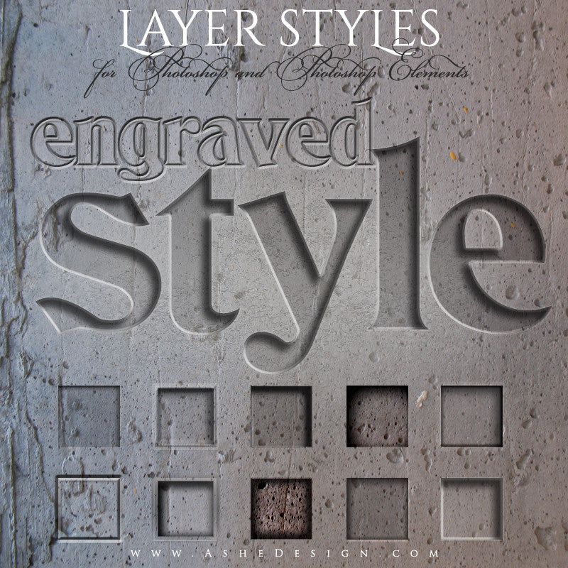 Ashe Design | Photoshop Layer Style Set | Engraved Full Set web display